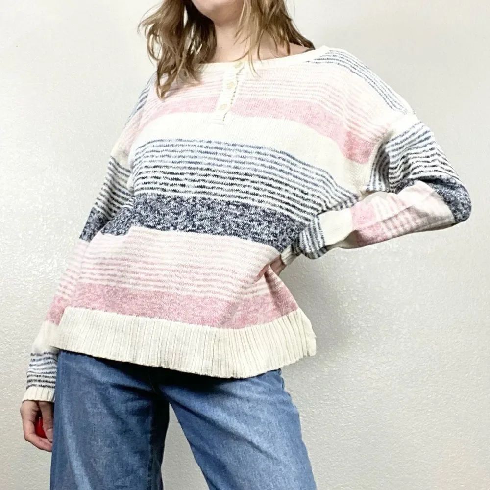 Chaps Pink & Blue Striped Henley Sweater